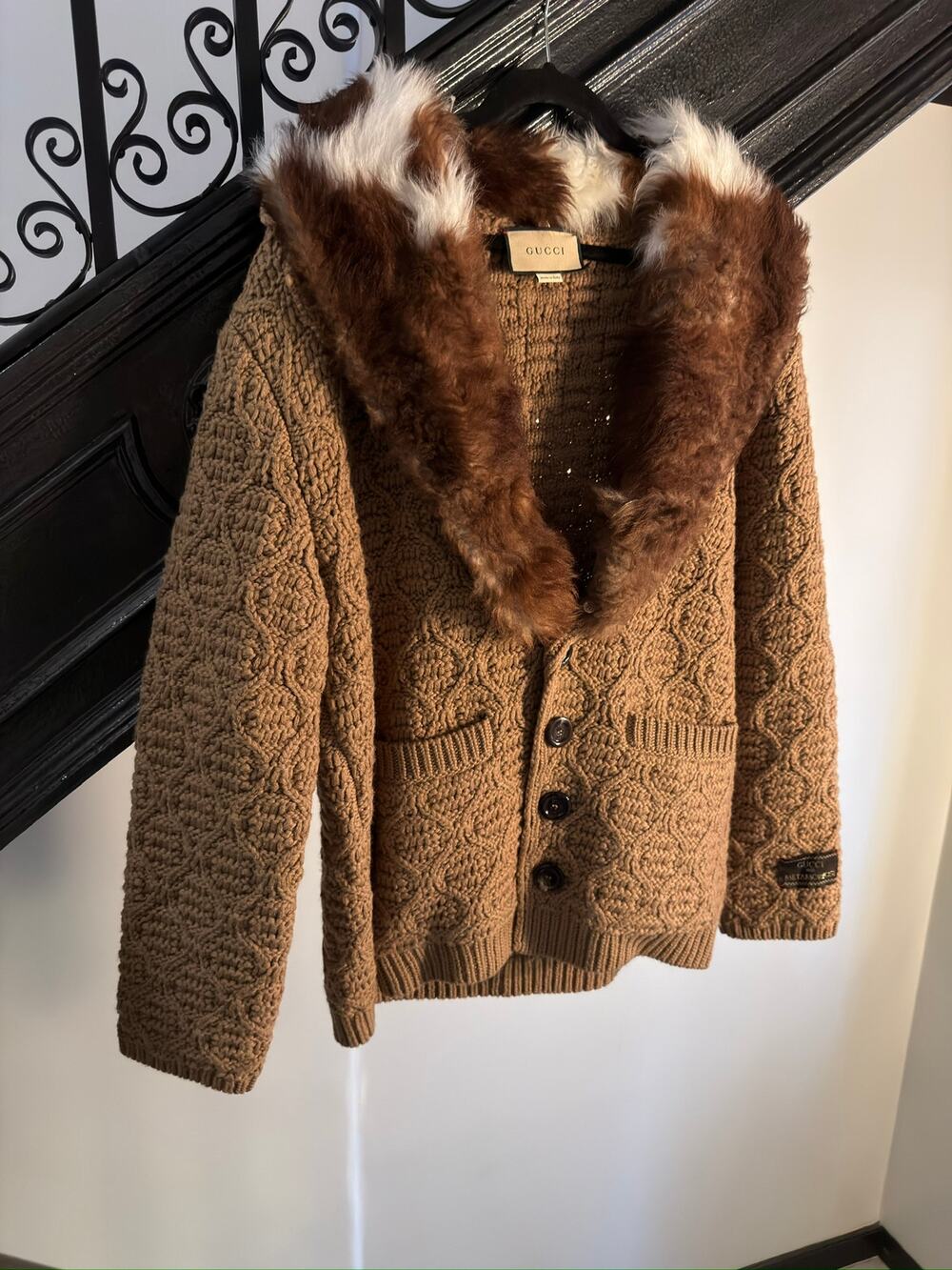 $5,171 Gucci Shearling-trimmed wool knit fur cardigan